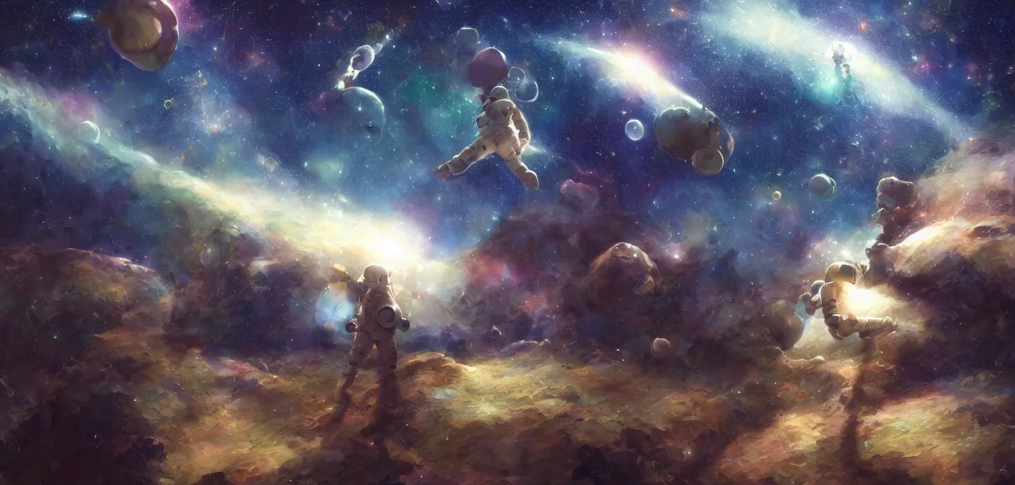 Prompt: craig mullins and ghibli digital illustration of an astronaut floating in the middle of the cosmos doing jazz improv, full body, strong contrast, earth, galaxies, ethereal, inviting, bright, raking light from constellations, unreal engine, hyper realism, realistic shading, cinematic composition, realistic render, octane render, detailed textures, photorealistic, wide shot