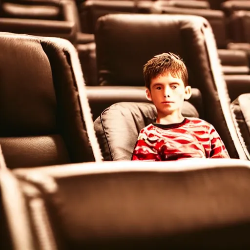 Image similar to real photo of a boy sitting alone in a cinema, extremely detailed and intricate