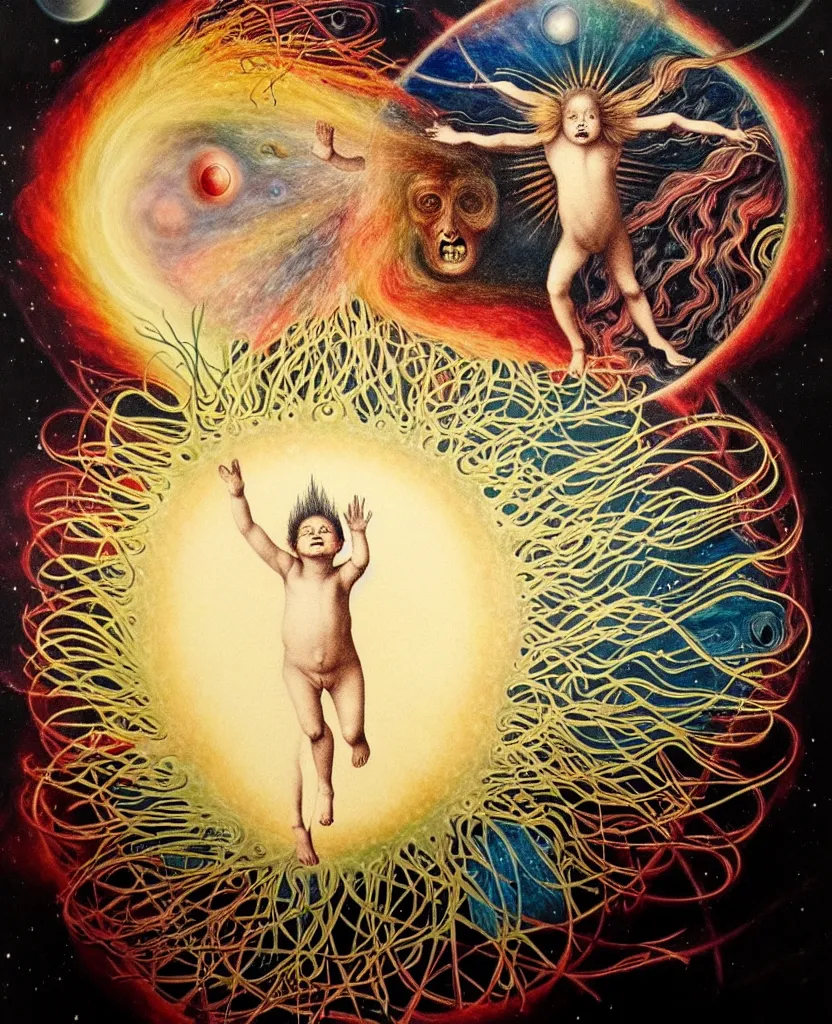 Image similar to a wild child creature radiates a unique canto'as above so below'while being ignited by the spirit of haeckel and robert fludd, breakthrough is iminent, glory be to the magic within, in honor of jupiter's day, painted by ronny khalil