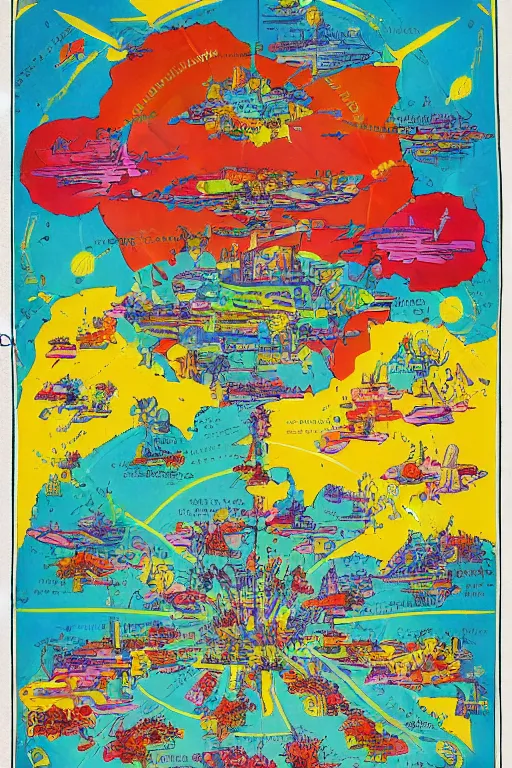 Prompt: colorful diagram for world destruction, epic composition, labeled diagrams, high detail, high contrast illustrations