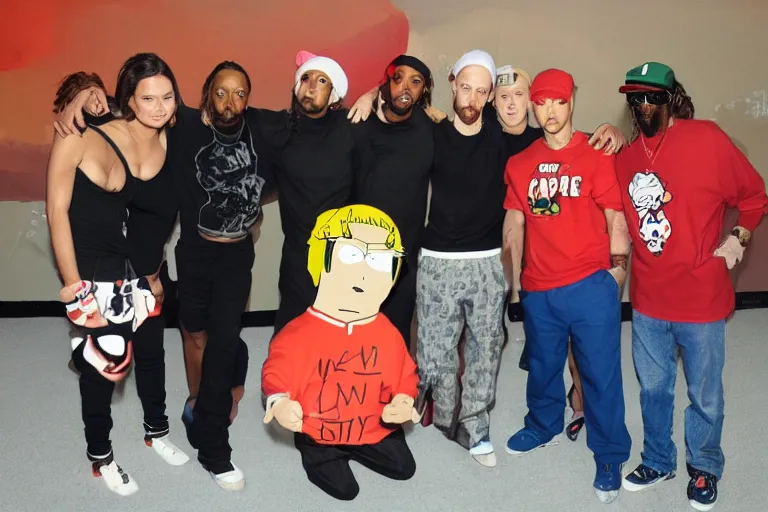 Image similar to crab people south park hyper-realistic photo meeting snoop dogg and eminem