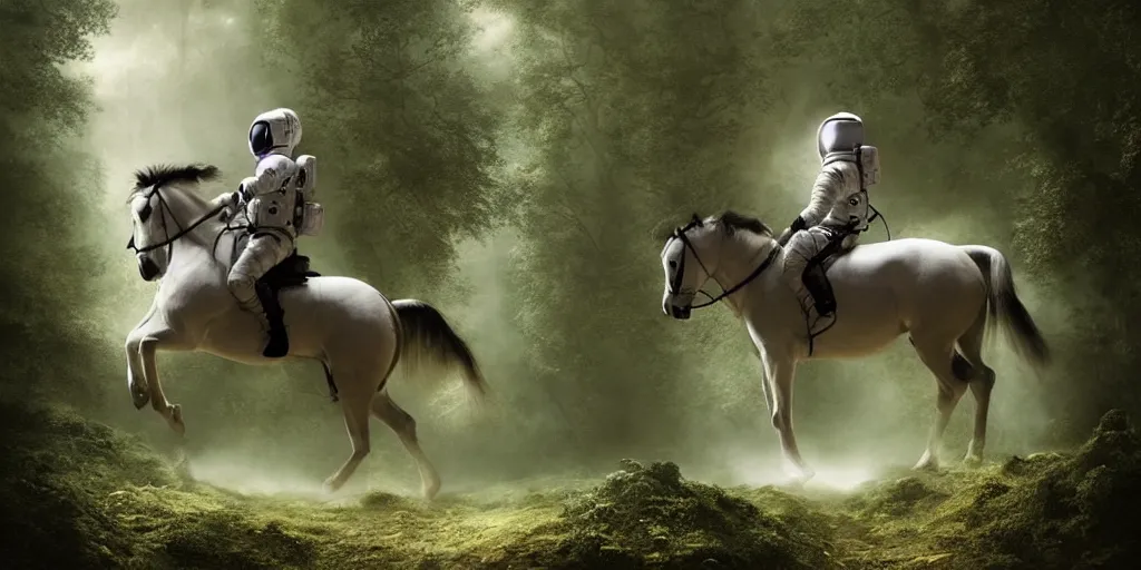 Image similar to an astronaut riding on the back of a white horse through a forest, a detailed matte painting by frieke janssens, featured on cgsociety, fantasy art, matte painting, reimagined by industrial light and magic, matte drawing