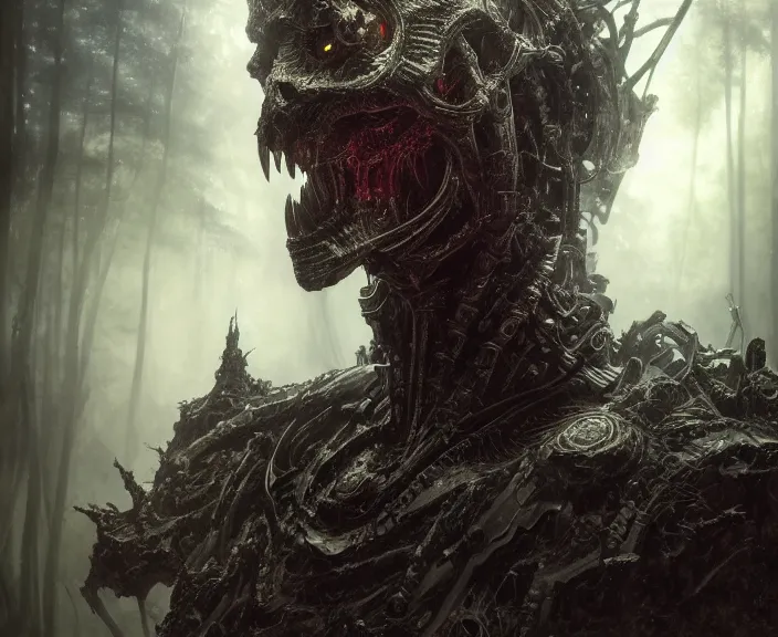 Image similar to 5 5 mm close up portrait photo of an armored biomechanical demonic superman looking at the camera, in a magical forest. dark atmosphere. art by greg rutkowski and luis royo. highly detailed 8 k. intricate. lifelike. soft light. nikon d 8 5 0.