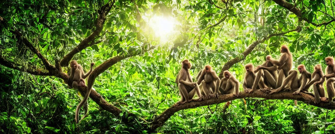 Prompt: a family of monkeys swing through the trees in a beautiful jungle landscape bordered by vines, flowers, tropical birds, snake, river with stunning water, backlit