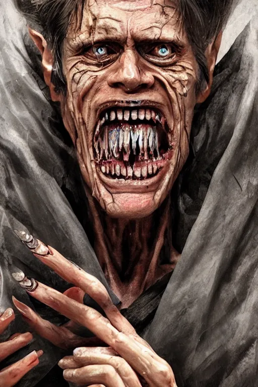 Image similar to A deranged filthy man looking like Willem Dafoe wearing long dark damaged ripped robes holding a magic paper scroll, long fingernails, unclipped fingernails, sharp fingernails, focus on face, sharp focus, digital painting, trending on artstation, concept art, fantasy, medieval, D&D