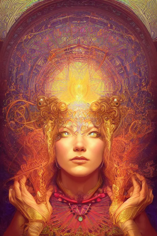 Image similar to portrait of a beautiful sorceress by artgerm, mandala, rococo, vivid color, complementary color, golden ratio, detailed, sharp lines, sharp focus, intricate, rainbowshift, by maxfield parrish, by peter mohrbacher, by gustave dore, by alphonse mucha, deviantart, octane render