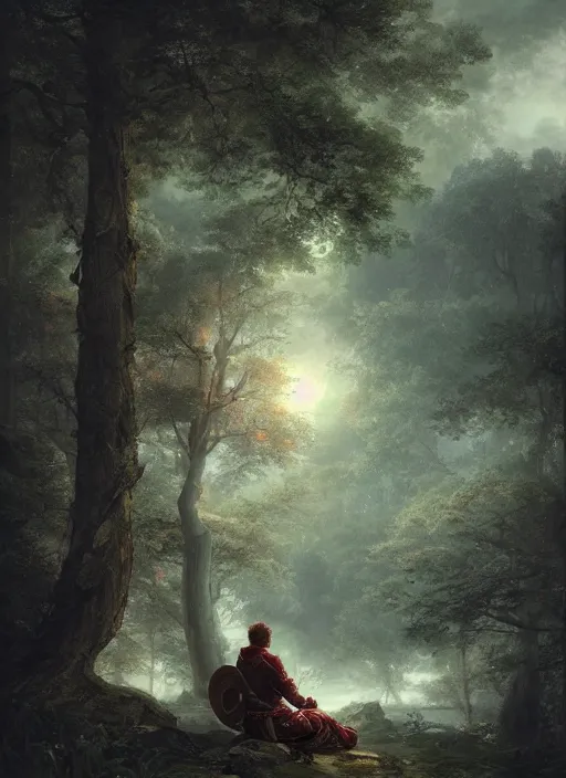 Image similar to sun wukong sitting alone in the melancholy forest. andreas achenbach, artgerm, mikko lagerstedt, zack snyder, tokujin yoshioka