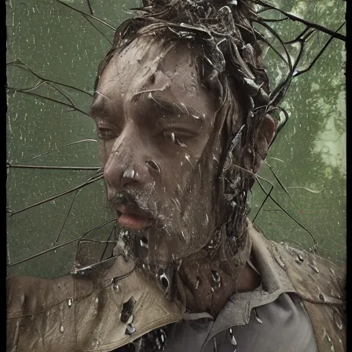 Image similar to The art installation shows a man caught in a storm, buffeted by wind and rain. He clings to a tree for support, but the tree is bent nearly double by the force of the storm. The man's clothing is soaked through and his hair is plastered to his head. His face is contorted with fear and effort. art nouveau by Ford Madox Brown, by Henri-Edmond Cross unplanned