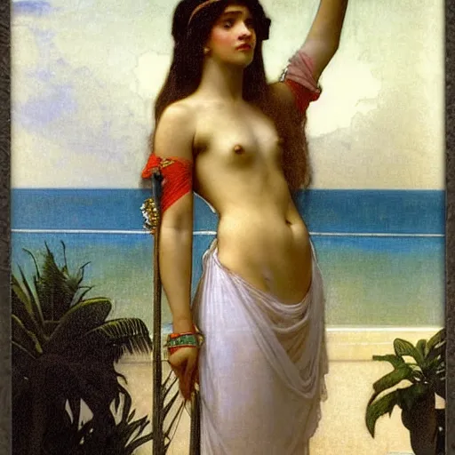 Prompt: Girl with a blood chalice at the palace, thunderstorm, pool, beach and palm trees on the background major arcana sky, by paul delaroche, alphonse mucha and arnold böcklin arnold böcklin hyperrealistic 8k, very detailed