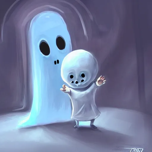 Prompt: Digital painting of a cute ghost trying to scare a little boy by Greg Rutkowsky trending on Artstation