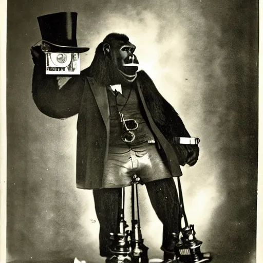 Image similar to A gorilla in a suit and top hat showing his steampunk inventions at 1893 Chicago world's fair