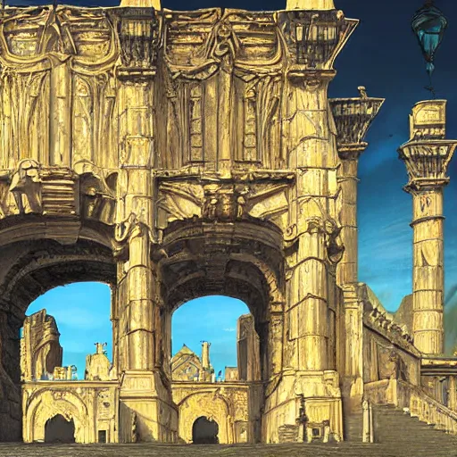 Image similar to carved futuristic gateway at the end of ancient ornate steps with a large wide window to a city which details the vast architectural scientific ancient and cultural achievements of humankind, magical atmosphere, molecules and machines, renato muccillo, jorge jacinto, damian kryzwonos, ede laszlo, highly detailed digital art, cinematic blue and gold