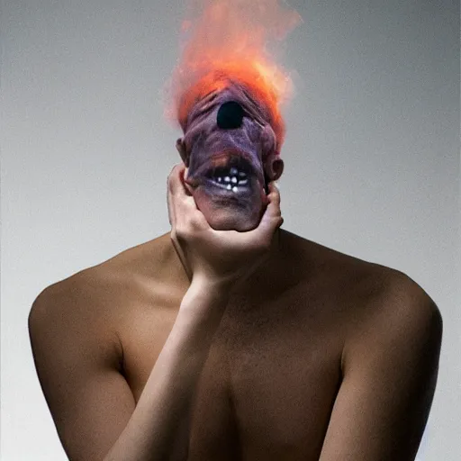 Image similar to annie liebowitz photo of a man who's head is turning into a puff of smoke