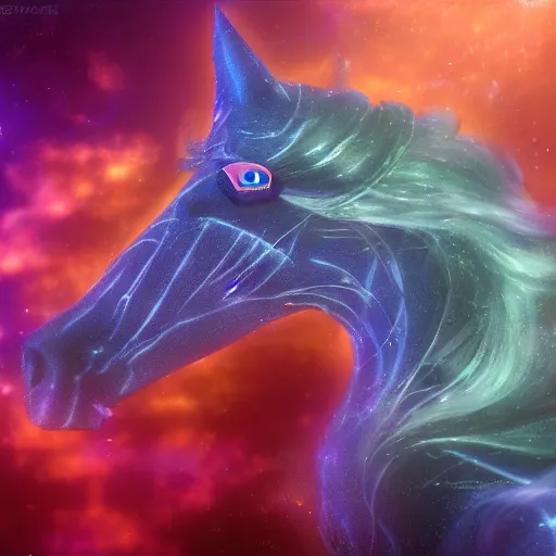 Image similar to cyber horse in the spirit realm, ice, cosmic, octane render, digital painting, award winning photograph