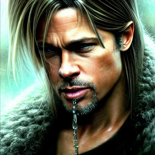 Prompt: brad pitt, final fantasy, darkwave, darksynth character portrait, sharp, digital matte painting, art by luis royo, greg rutkowski, wlop, dramatic lighting, trending on artstation