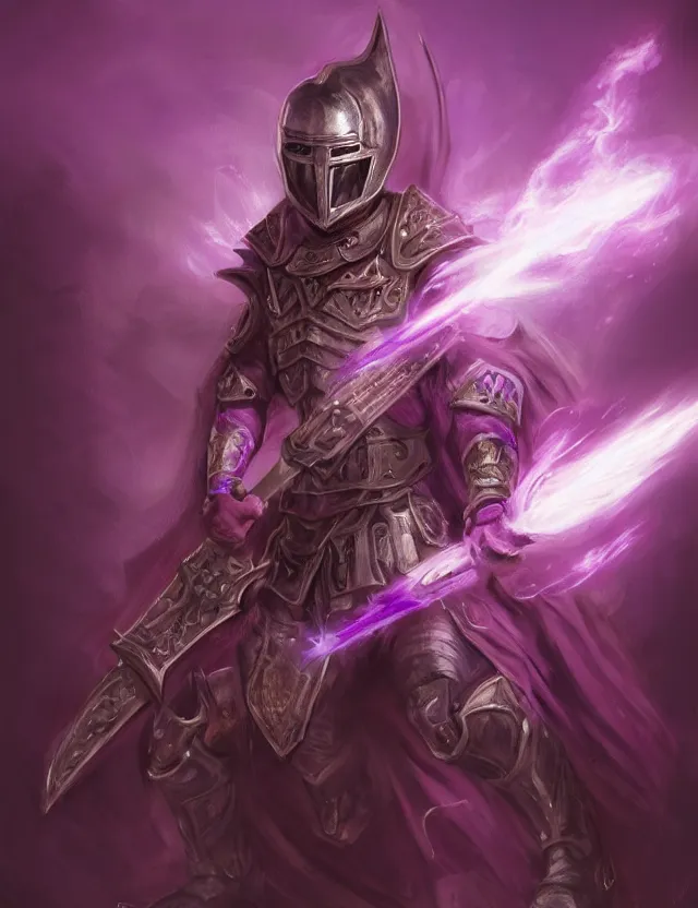 Prompt: a masked warrior in purple armour glowing violet, wielding a large purple sword that flashes with lightning, by frank fazetta and peter mohrbacher, trending on artstation, digital art, 4 k resolution, detailed, high quality, hq artwork, coherent, insane detail, concept art, character concept, character full body portrait