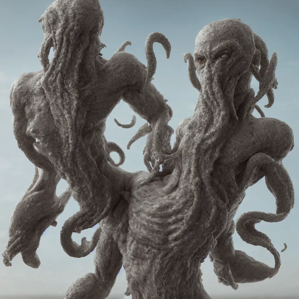 Prompt: singular cthulhu humanoid giant figurine, pale white skin. broad shoulders. strong torso. digital art, ocean, trending on artstation, rendered by octane, look at all that detail, amazing!