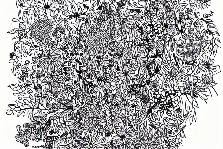 Prompt: floral and plants doodle art, intricate pen and ink drawing