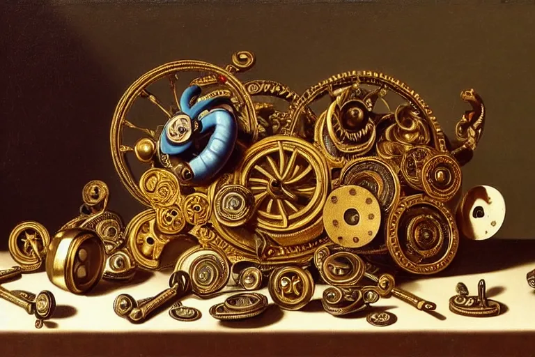 Image similar to inspiring renaissance still life of fidget spinners on an antique dresser, intricate, ornate, highly detailed fidget spinners, natural light, golden hour, oil painting by caravaggio