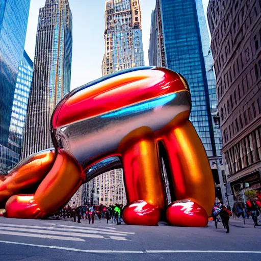 Prompt: a photograph of a giant chrome metallic hotdog sculpture in the center of a new york street, a large crowd have gathered, by jeff koons, pop art, 3D render, Volumetric dynamic lighting, Highly Detailed, Cinematic Lighting, Unreal Engine, 8k, HD