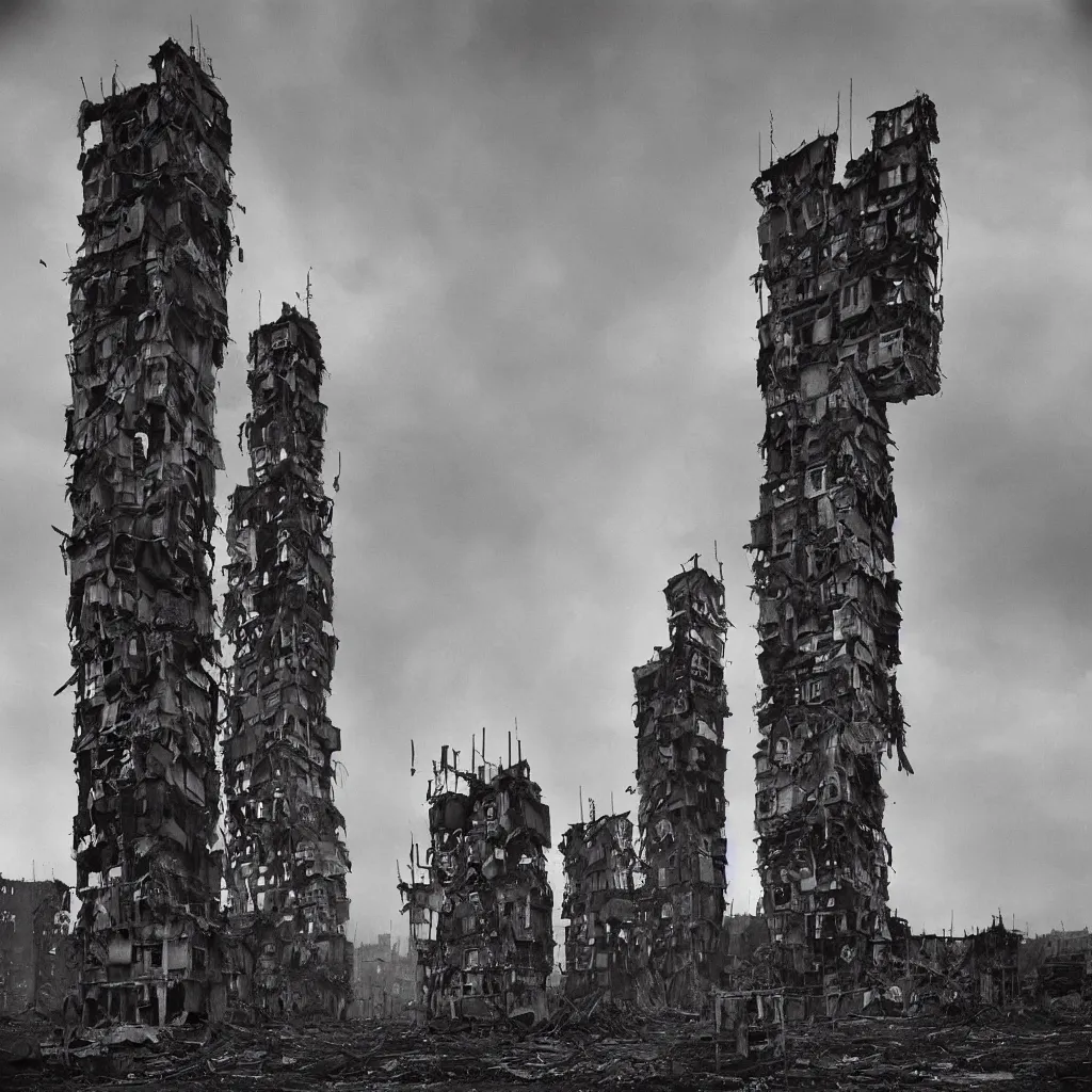 Prompt: tall towers, made up of makeshift squatter housing with faded colours, apocalyptic sky, misty, dystopia, mamiya rb 6 7, fully frontal view, ultra sharp, very detailed, photographed by terry gilliam