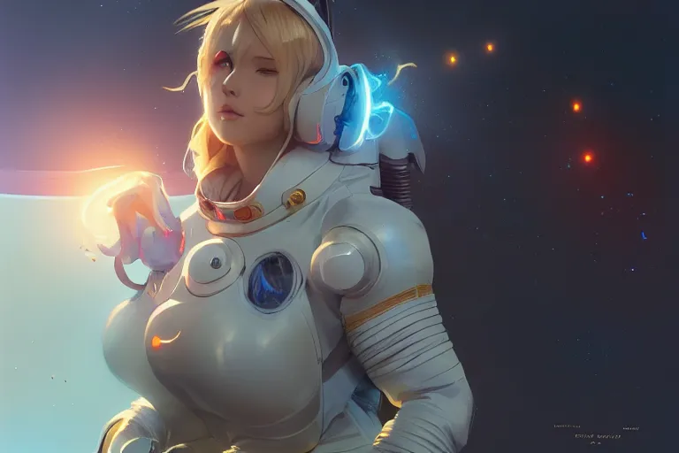 Prompt: blonde anime girl in the spacesuit, volumetric lighting, glowing lights, 4k, octane, digital painting, artstation, concept art, sharp focus, illustration, art by artgerm and greg rutkowski and alphonse mucha