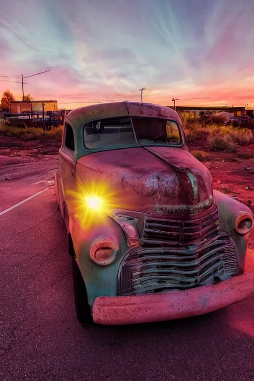 Image similar to a sunset light landscape with historical route 6 6, lots of sparkling details and sun ray ’ s, blinding backlight, smoke, volumetric lighting, colorful, octane, 3 5 mm, abandoned gas station, old rusty pickup - truck, beautiful epic colored reflections, very colorful heavenly, softlight