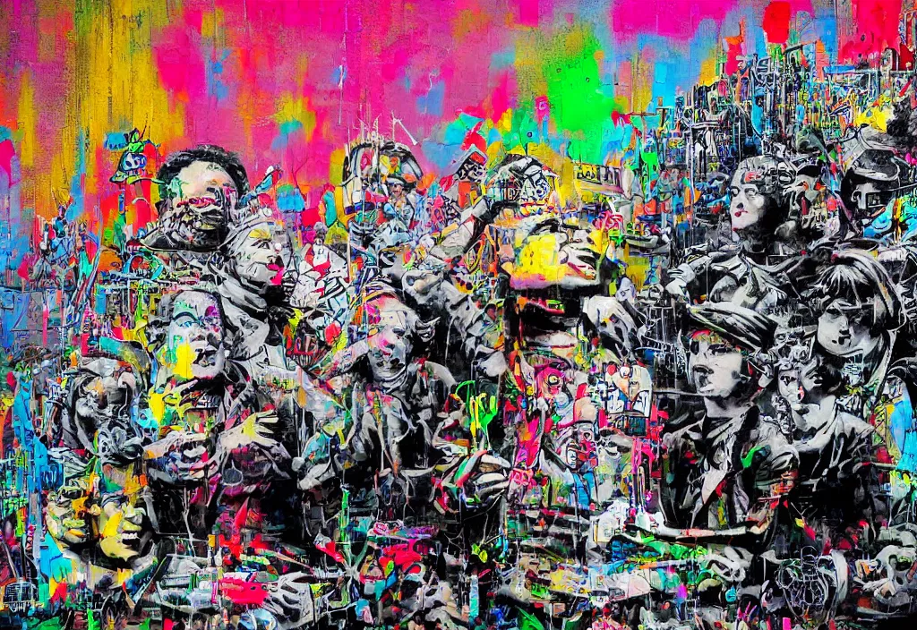 Prompt: full color banksy graffiti anti art, rage against the status quo, detailed, realistic, glitch art effect