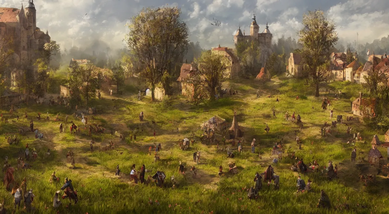 Prompt: “high quality concept art from a historical fiction video game set in Bohemia, a medieval village in a meadow near a castle, springtime, 4K HD, trending on Artstation”