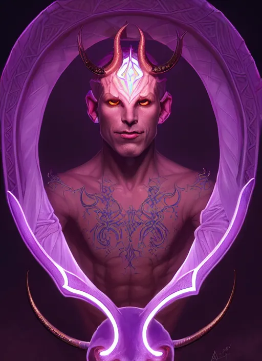 Prompt: symmetry!! portrait of a male purple skinned tiefling with demon horns, glowing lights!! intricate, elegant, highly detailed, digital painting, artstation, concept art, smooth, sharp focus, illustration, art by artgerm and greg rutkowski and alphonse mucha