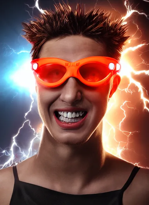 Image similar to photorealistic young man with red spiked long hair, using orange googles. Wearing black waistcoat, white shirt. He is with a vicious smile in face. dynamic lightning.