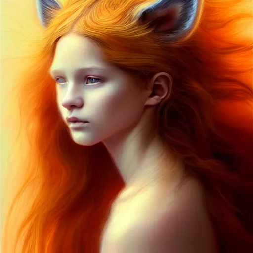 Image similar to Portrait of a girl angel with pale orange colored frizzy strands of illuminated hair, cat ears on her head, glowing halo, Lion's Mane, Lion's Gate, fantasy, intricate, elegant, highly detailed, digital painting, artstation, concept art, smooth, sharp focus, illustration, art by Krenz Cushart and Artem Demura and alphonse mucha