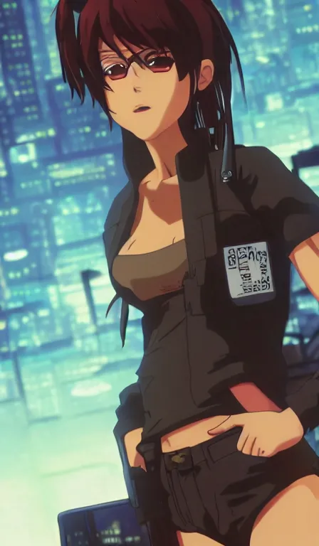 Image similar to anime fine details portrait of Revy in front of cyberpunk moder city landscape on the background deep bokeh, close-up view, anime masterpiece by Studio Ghibli. 8k, sharp high quality anime, artstation