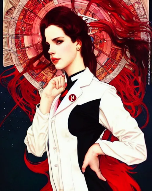 Image similar to lana del rey as a confident scientist, wearing a labcoat, intricate, red white and black color scheme, illustration by krenz cushart, alphonse mucha, artgerm, trending on artstation