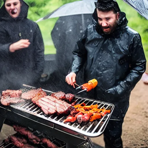 Prompt: photo of people doing bbq under heavy rain, ultra realistic face detailed eyes