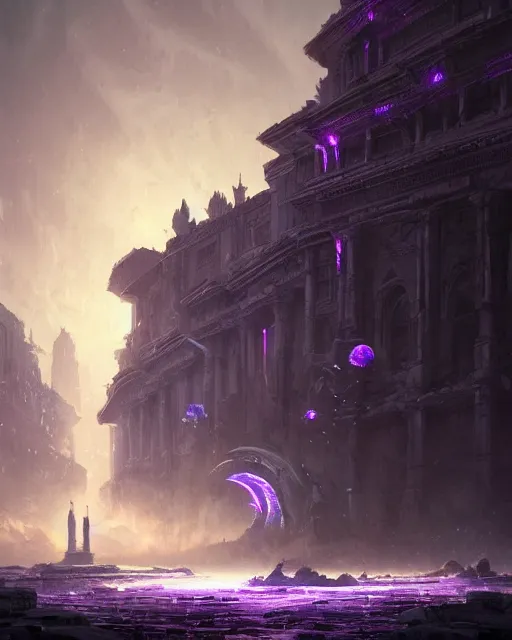 Image similar to the eternal city, alien architecture, purple, environment art, fantasy art, landscape art, in the style of greg rutkowski, illustration, epic, fantasy, intricate, hyper detailed, artstation, concept art, smooth, sharp focus, ray tracing