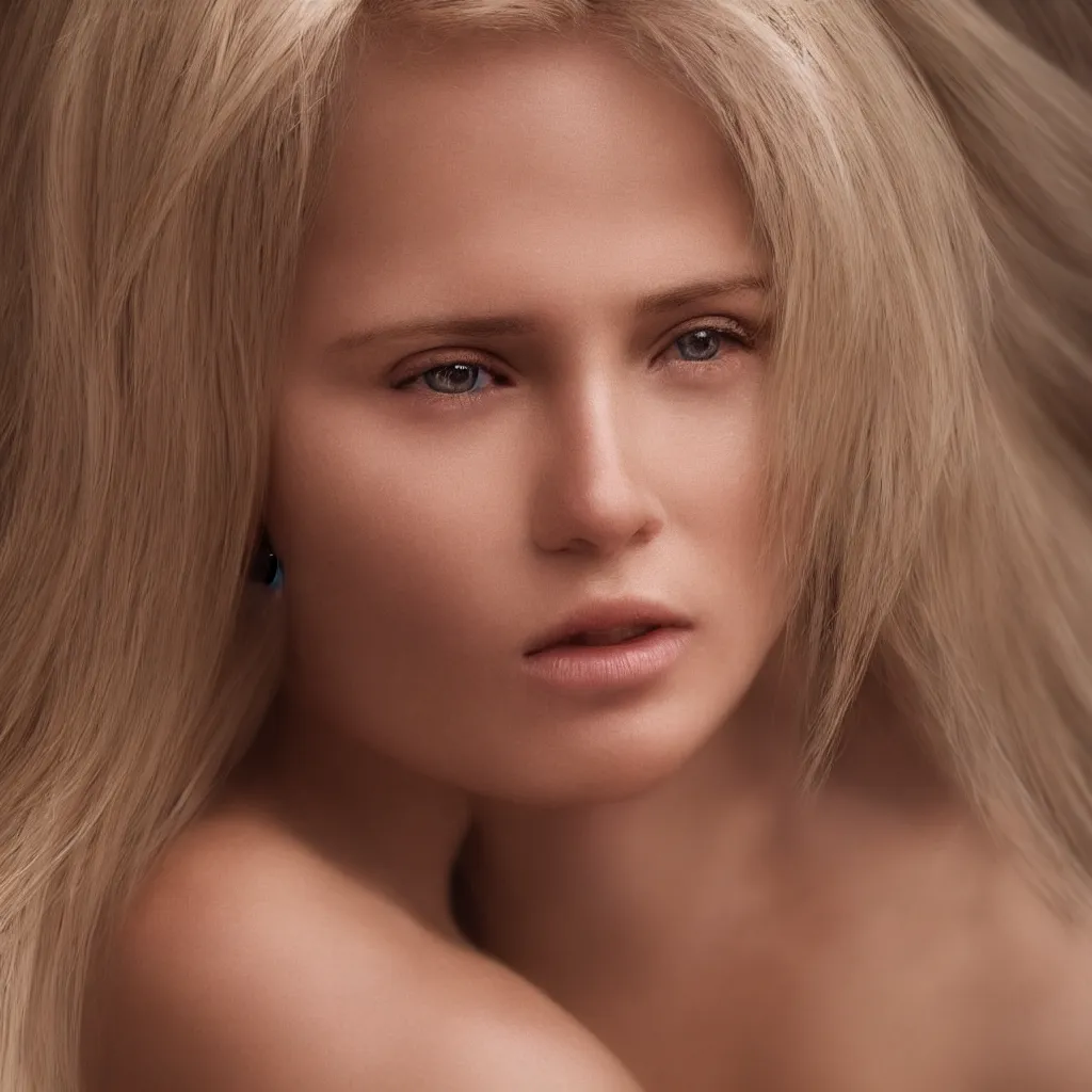 Image similar to a high-resolution extreme closeup portrait photo of a beautiful blonde hair woman, beautiful low light, style Steve McCurry Octane render 8k