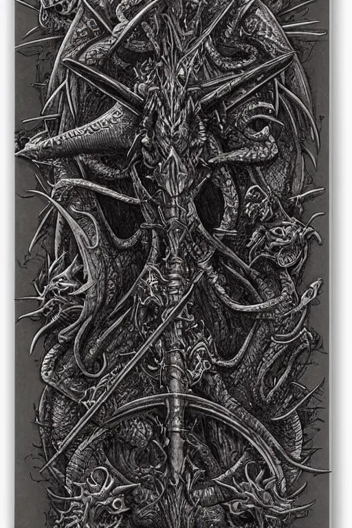 Image similar to a war axe engraved with dragon ornaments by Gerald Brom