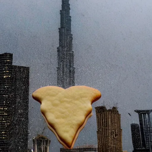 Image similar to a giant cookie floating above the burj khalifa while cookies rain down from the sky