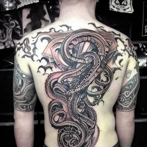 Prompt: a lovecraftian, old gods themed tattoo sleeve, covering a persons entire arm, intricate detail