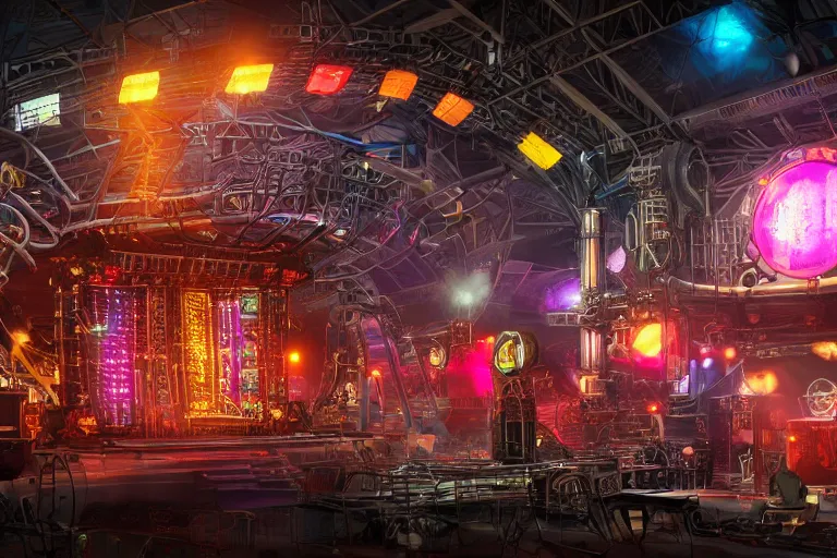 Image similar to a festival stage, bandname is tripmachine, center of the stage are two huge futuristic steampunk generators inside a huge steampunk engine, 8 k, fluorescent colors, halluzinogenic, multicolored, exaggerated detailed, unreal engine