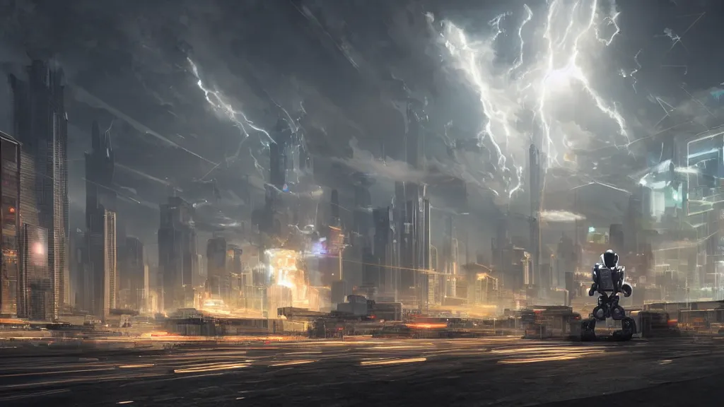 Prompt: Amazing photorealistic digital concept art of a guardian robot in a futurstic city, by James Clyne and Joseph Cross. Cinematic. LED lighting. A bright billowing explosion in the distance. Wide angle. Clean lines. Balanced composition.