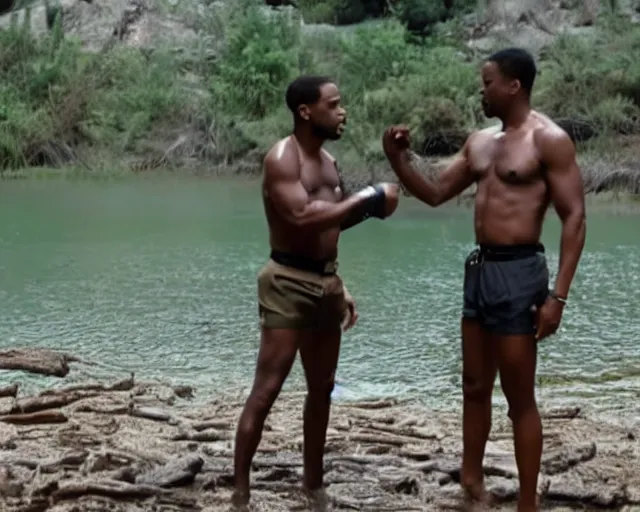 Prompt: will smith fighting with chris rock at muddy pool in trunks 4k
