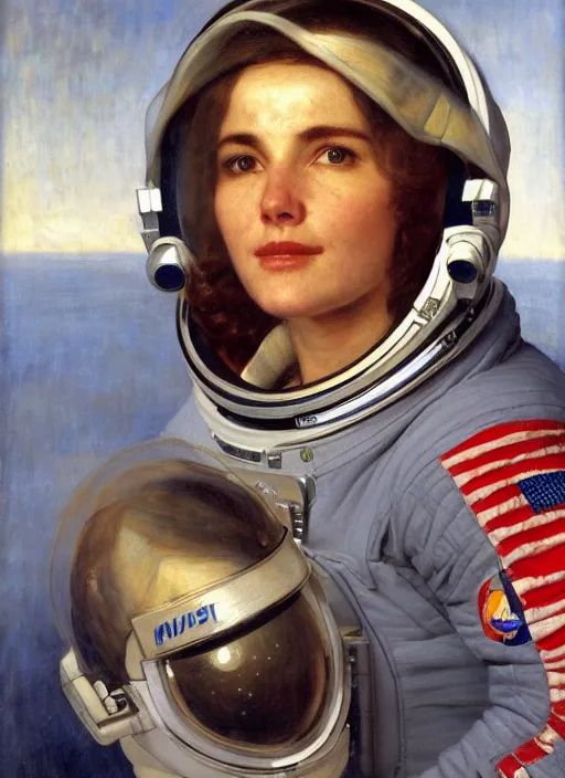 Prompt: Beautiful NASA astronaut in space, portrait by john william waterhouse and Edwin Longsden Long and Theodore Ralli, oil on canvas. Cinematic, hyper realism, realistic proportions, dramatic lighting, high detail 4k