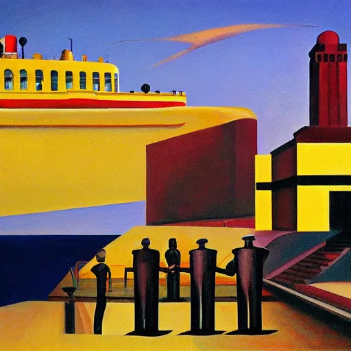 Image similar to robot bishop guards, human prisoners, art deco steamliner prison barge, end times, grant wood, pj crook, edward hopper, oil on canvas