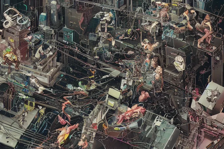 Prompt: a hyper-detailed cyberpunk illustration with a bunch of android females lying over an empty floor, with their broken bodies open and a mess of cables and wires coming out, by masamune shirow and katsuhiro otomo