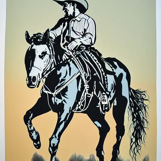 Image similar to cowboy outlaw sitting on a horse. serigraph. screen - printed. sun - bleached highlights on colt's face, hat in 4 colors