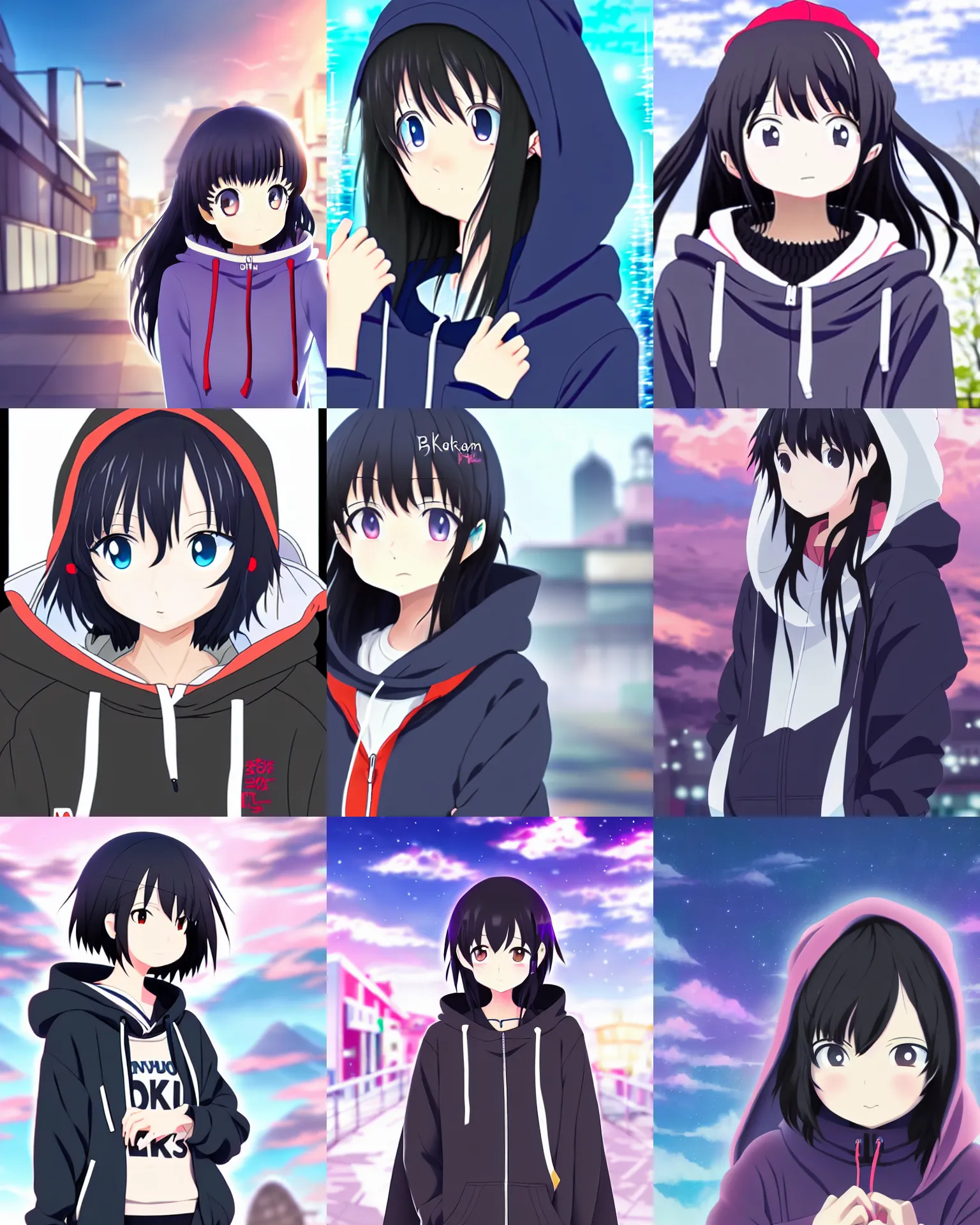 Prompt: black haired girl wearing hoodie, city, anime fantasy artwork, kyoto animation, key visual