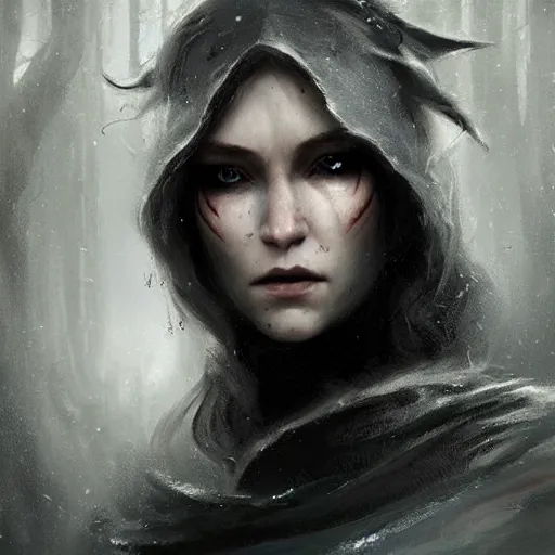 Prompt: portrait of an elf in a black cloak, silver hair and glowing eyes, detailed face, highly detailed, cinematic lighting, digital art painting by greg rutkowski.