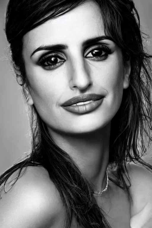 Image similar to photo portrait of penelope cruz, realistic, black and white, in style of phil borges
